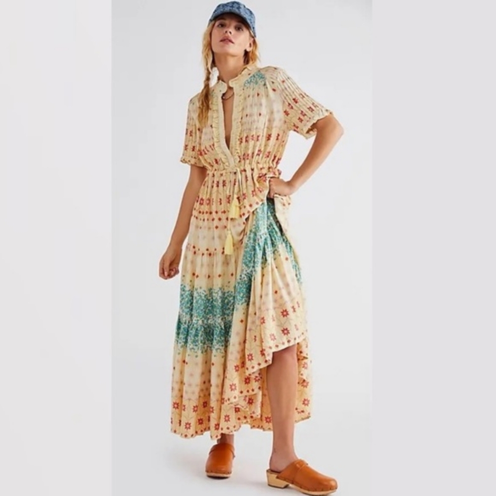 Free People Rare Feelings Maxi Dress Floral Print‎ Ruffle Trim Boho Bohemian